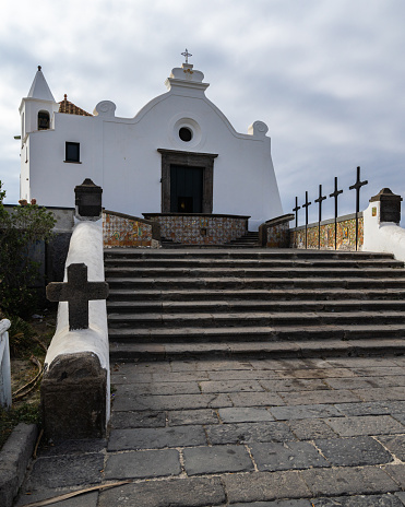 Exterior of the picturesque Chiesa del Soccorso, famous tourist attraction of Forio, Ischia, Italy