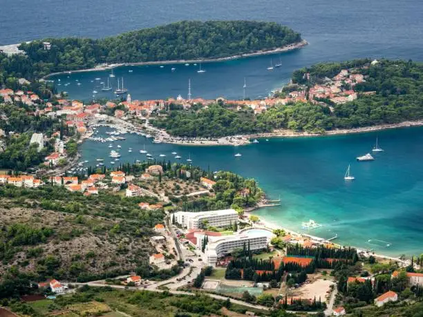 An aerial view of the shoreline of the Cavtat village located in Croatia.