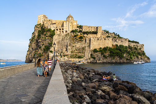 Ischia, Italy – September 11, 2021: Ischia, Italy, Sept. 2021 - View of Aragonese Castle (Castello Aragonese), a popular touristic attraction