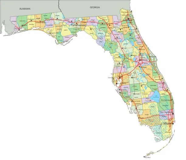 Vector illustration of Florida - Highly detailed editable political map with labeling.