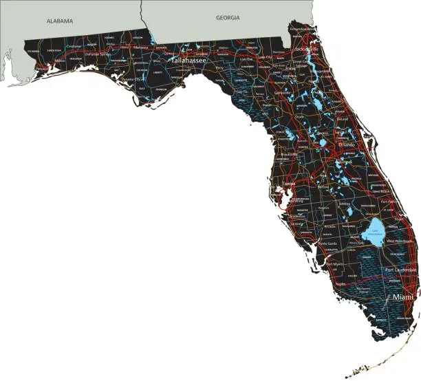 Vector illustration of High detailed Florida road map with labeling.