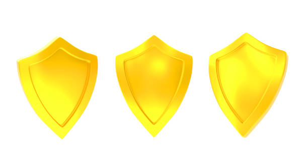 Gold shield with shiny frame, front side view 3d render. Set of military armor, medieval ammunition, award trophy, security symbol. Mockup metal panel isolated on white background, 3D illustration