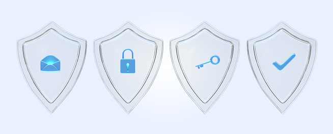 Glass shield with mail envelope, padlock, key and tick sign 3d render. Concept of email security, privacy, good password, secure data protection, computer or phone access safety, 3D illustration