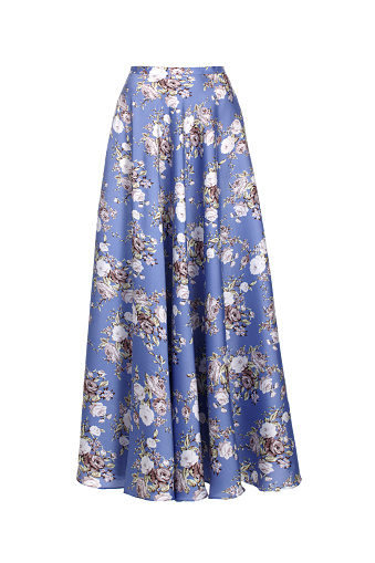A vertical shot of the fashionable blue skirt with white flowers isolated on a white background