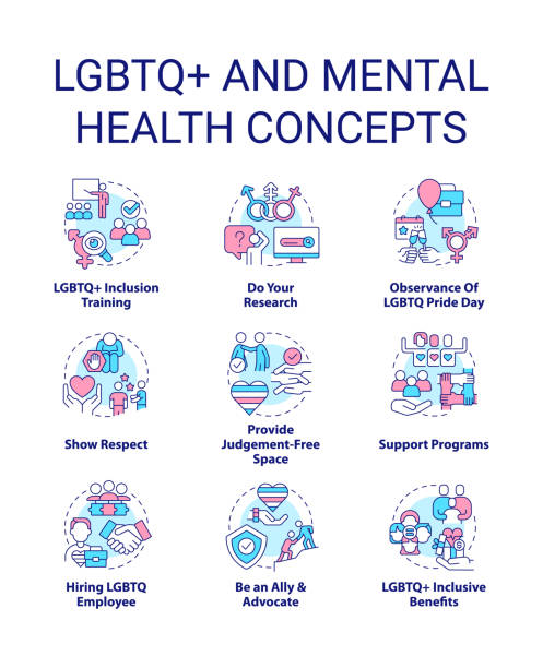 lgbtq- und psychische gesundheitskonzept-icons gesetzt - pride lgbtqi veranstaltung stock-grafiken, -clipart, -cartoons und -symbole