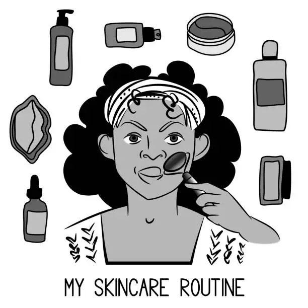 Vector illustration of Vector isolated concept with African American young woman with jade roller and skincare products such as cream, serum, essential oil. My skincare routine. Flat design. Line, black and white, graphic