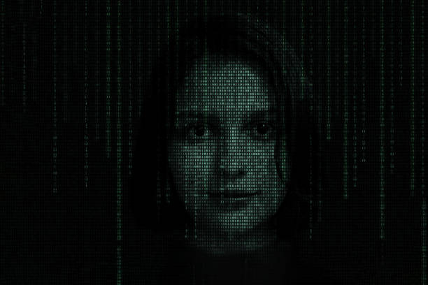 Female face with matrix digital numbers artifical intelligence AI theme with human face. The concept of artificial intelligence. dark background with computer binary code and hidden face watching