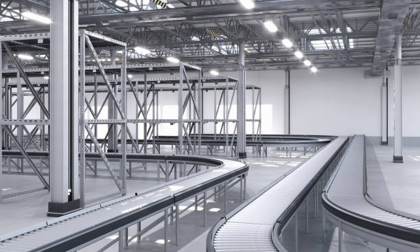 istock Large logistics warehouse with empty shelves and conveyor belts 1456129735