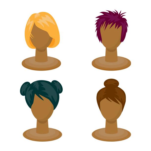 illustrazioni stock, clip art, cartoni animati e icone di tendenza di illustrazione di insieme isolato di parrucche colorate della donna - omino di legno