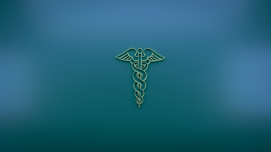 A 3D illustration of Caduceus symbol on a white background.