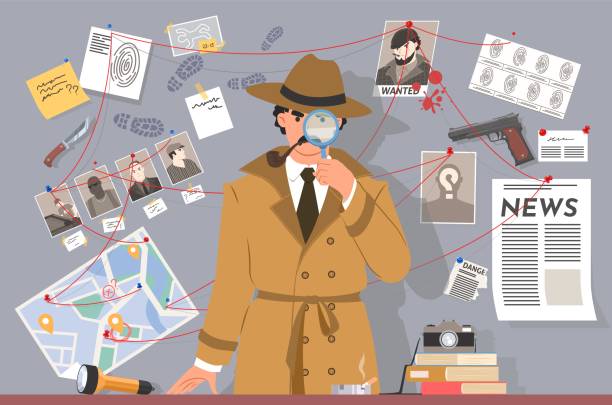 ilustraciones, imágenes clip art, dibujos animados e iconos de stock de detective con lupa en vector de oficina - detective inspector forensic science searching
