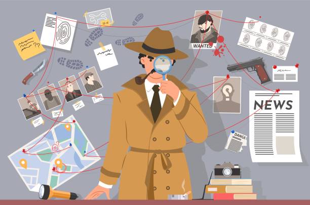 detektyw z lupą w biurze wektor - detective inspector forensic science searching stock illustrations