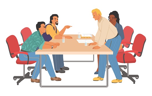 Work conflict vector. Arguing coworkers characters sitting at table and having aggressive quarrel illustration. Confrontation of business partners, toxic relationship in team