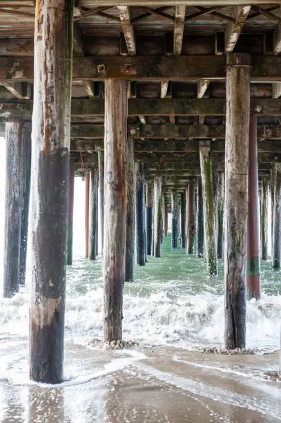 Exterior shot of the wooden support structure that carries the Sea Cliff Pier near Aptos, California.