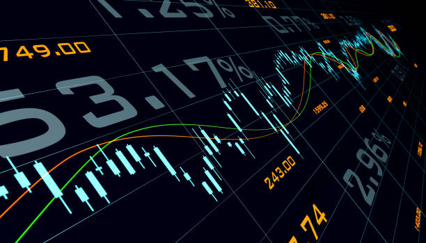 Screen with stock exchange information. Candle stick chart, lines, numbers and percentage signs. Stock market, trading, equity, investment and financial figures concept. 3D illustration stock trader stock pictures, royalty-free photos & images