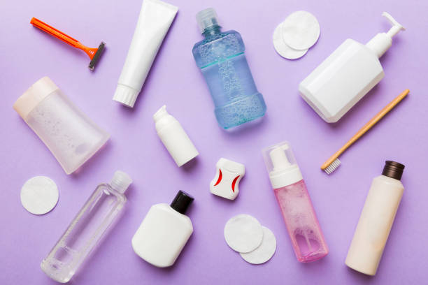 istock Mockup for bathing products top view flat lay, spa razor, toothpaste, soap, gel and other various accessories. Cosmetics for skin health. Bath Mockup for your logo 1456135217