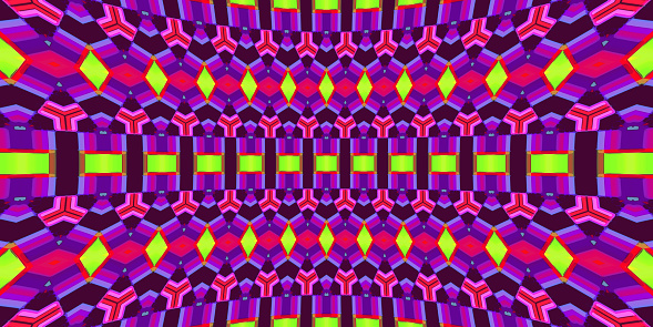 Abstract background of purple and green colored geometrical shapes arranged in rows shaping a concave surface