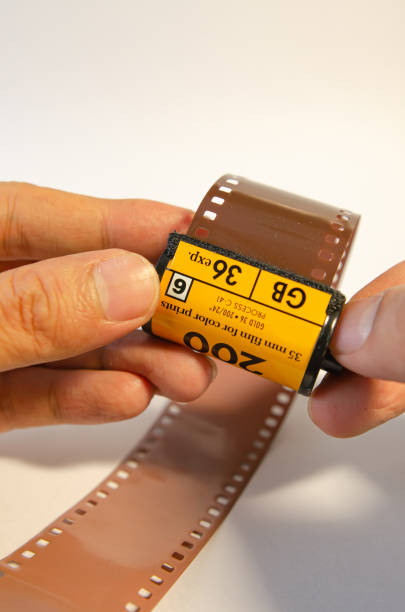 A roll of 35mm. film on a white background.