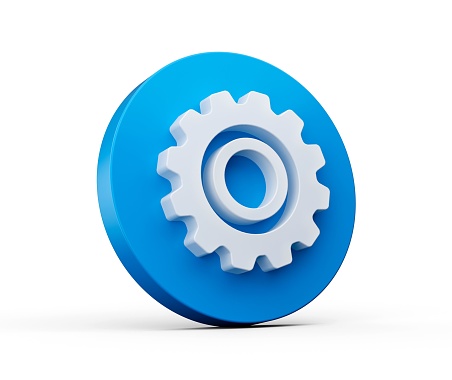 A 3D rendering of a blue and grey gear icon on a white background