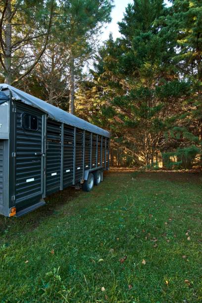 istock Vehicle for transporting horses standing in a field with trees in the background. 1456139068