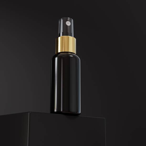 3D rendering of a black and golden spray bottle on black background