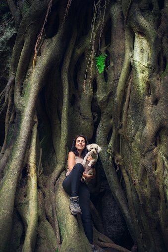 A vertical view of a smiling Hispanic woman holding a white Schnoodle against a giant jungle tree