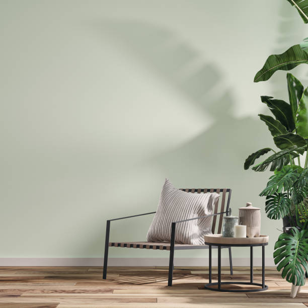 istock Empty cozy retro interior with a chair and potted plants, 70 - 80s decoration 1456139845