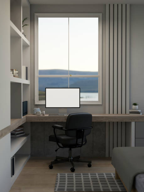 istock Modern minimal home working space in bedroom interior design with computer mockup on table 1456139901