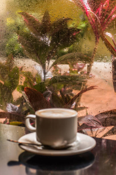 Glass window with water droplets and defocused mug of coffee in the foreground A glass window with water droplets and defocused mug of coffee in the foreground rainy cafe stock pictures, royalty-free photos & images