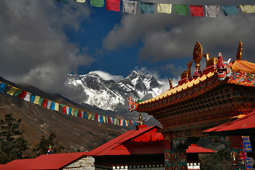 Beautiful view of the Monastery in Tengboche, in the background of the Mount Everest