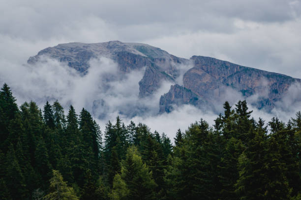 istock Beautiful view of floating clouds over sharp mountains and trees in Italy 1456140994