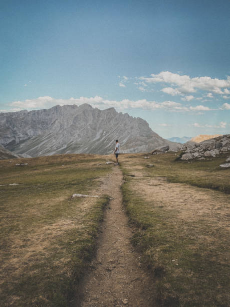 istock Vertical shot of a man standing on a path with a mountain in the background 1456141434