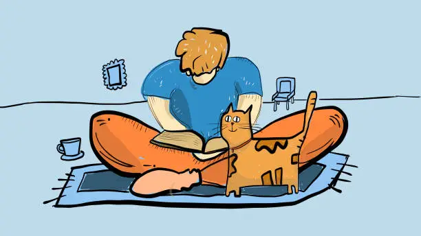 Vector illustration of Young man reading a book with his cat