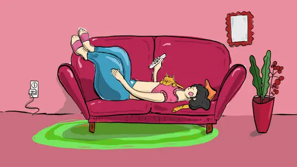 Vector illustration of Young woman is lying on her sofa with her cat