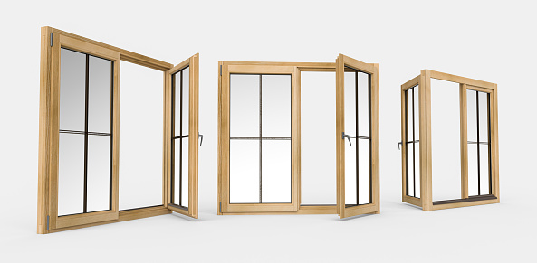 A 3D rendering of square wooden windows isolated in the white background