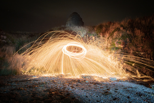 A wire wool photography with long exposure outdoors in Ayrshire