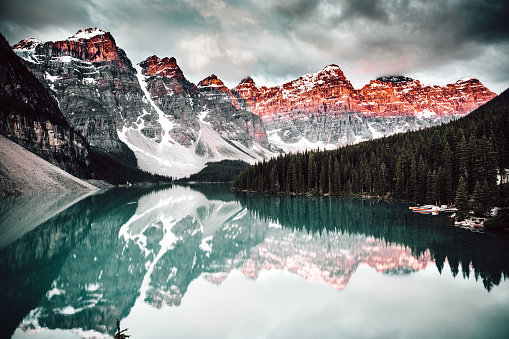 The beautiful view of the lake surrounded by mountains. Moraine Lake, Canada.