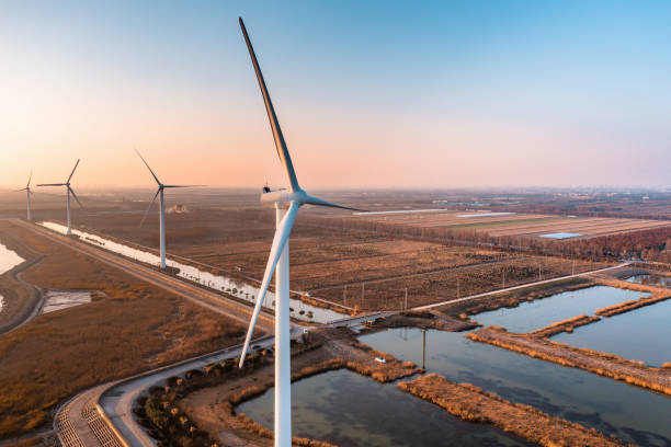 istock Wind turbines on the seashore at dusk from drone perspective 1456145599