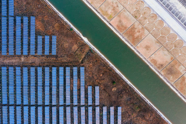 Aerial view solar panels on the tidal flat by the sea