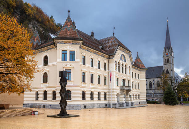 Vaduz, Liechtenstein - November 18, 2022: Government house of Principality Liechtenstein in Vaduz. Constructed between 1903 and 1905 according to plans drawn by the Viennese architect Gustav Ritter.
