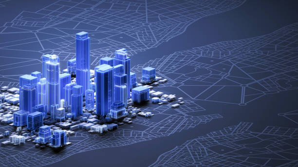 暗い背景に抽象的な未来的な都市のダウンタウンと高層ビル、都市の地図、コピー用スペース - 3d scene ストックフォトと画像