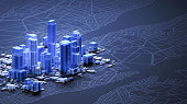 Abstract futuristic city downtown on dark background with skyscrapers, city map and copy space