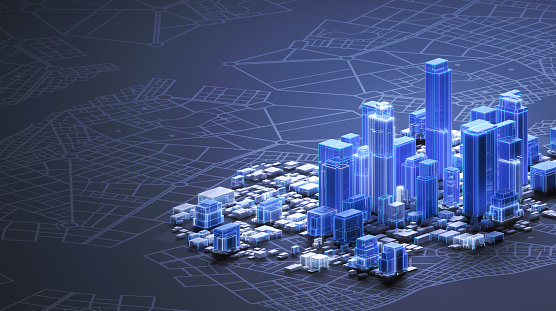 High angle view of an architectural model showing an abstract smart city downtown with office buildings, skyscrapers and business districts, with edges illuminated by white and blue glowing lights. Concept for construction industry, BIM, facility management, CAD architectural design. Dark background with diagram and city map, copy space on left side.