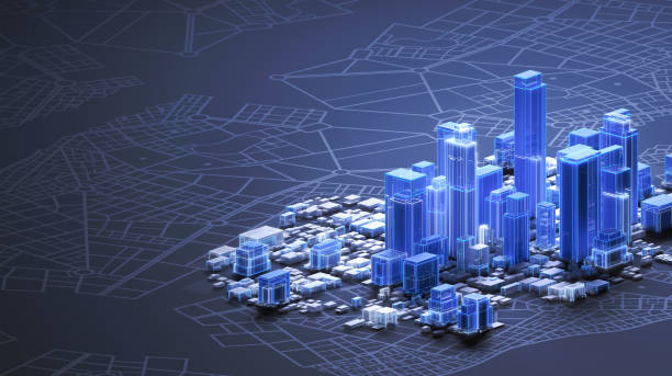 Smart city downtown, architectural model on dark background with abstract buildings and copy space High angle view of an architectural model showing an abstract smart city downtown with office buildings, skyscrapers and business districts, with edges illuminated by white and blue glowing lights. Concept for construction industry, BIM, facility management, CAD architectural design. Dark background with diagram and city map, copy space on left side. isometric smart city stock pictures, royalty-free photos & images