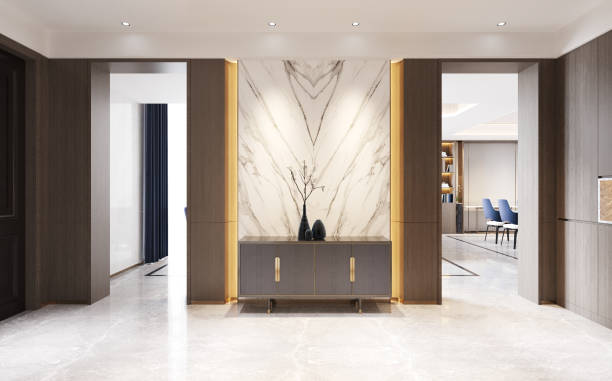 istock Interior modern style hallway decorated with wood and marble. 3D illustration 1456148159