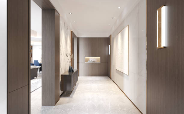 istock Interior modern style hallway decorated with wood and marble. 3D illustration 1456148162