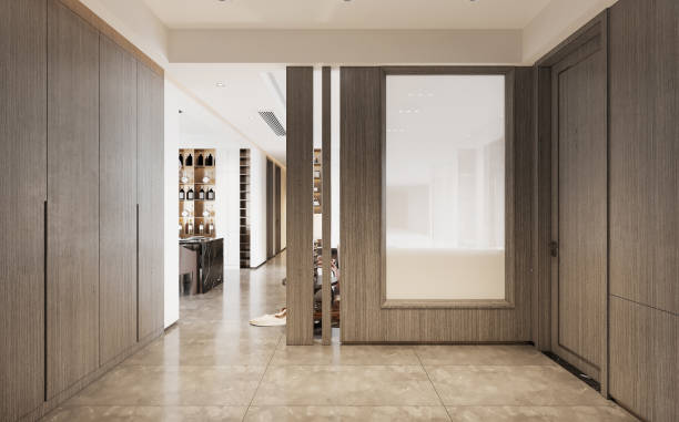 istock Interior modern style hallway decorated with wood and marble. 3D illustration 1456148226
