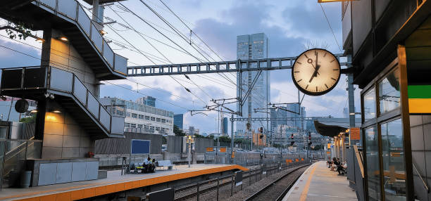 Modern train station city view at evening twilight