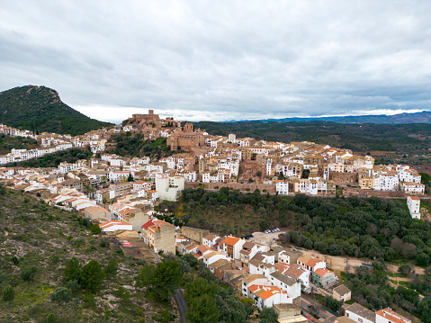 Panoramic view of Gordes forest rock and old village on Luberon massif in French Prealps. Vaucluse, Provence, Alpes, Cote d'Azur, France