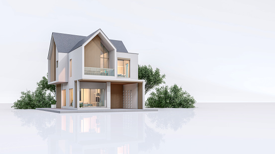 Architecture 3d rendering illustration of modern minimal house on white background